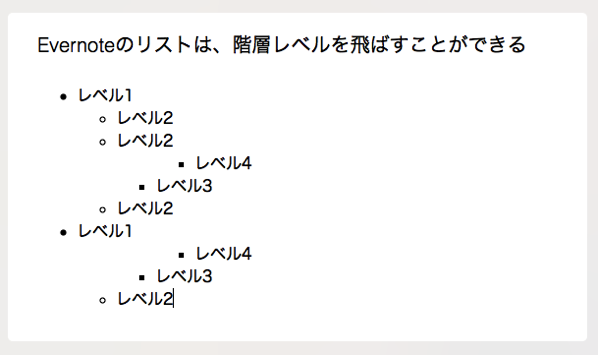 Evernoteのリストは、段差のレベルを飛ばすことができる。