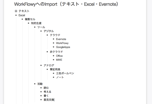 WorkFlowyにExcelファイルをインポートした場合。