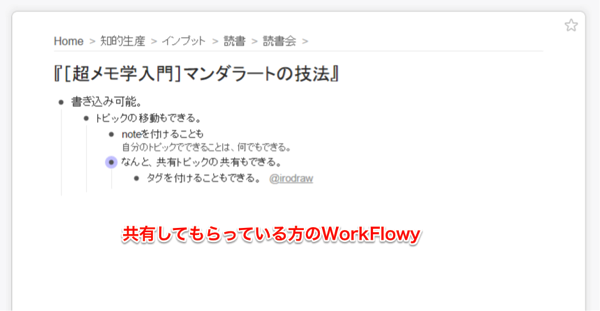 共有してもらっている方のWorkFlowy。自分のトピックと同じように何でもできる。