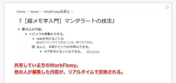 共有している方のWorkFlowy。他の人の編集が、すぐに反映される。