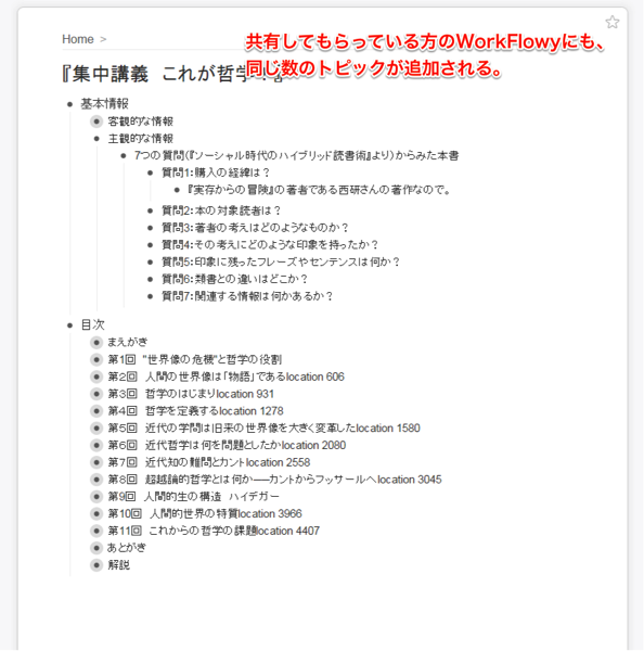 共有してもらっている方のWorkFlowyにも、同じ数のトピックが追加される。